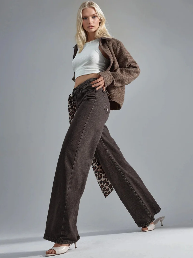 HICCUP Dark Mocha Brown 90's High Waist Wide Leg Denim Jeans for Women | Best Price UAE